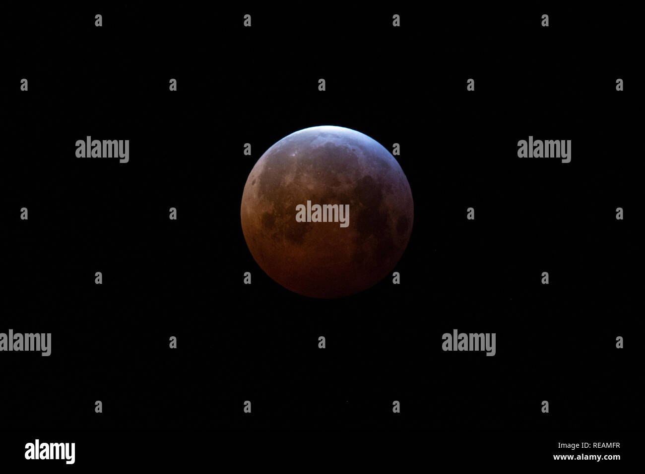 Superblut Wolf Moon am 21. Januar 2019. Mondfinsternis. Über Essex, Großbritannien. Der Schatten, den die Erde erschaffen hat, der den Mond verdunkelt Stockfoto