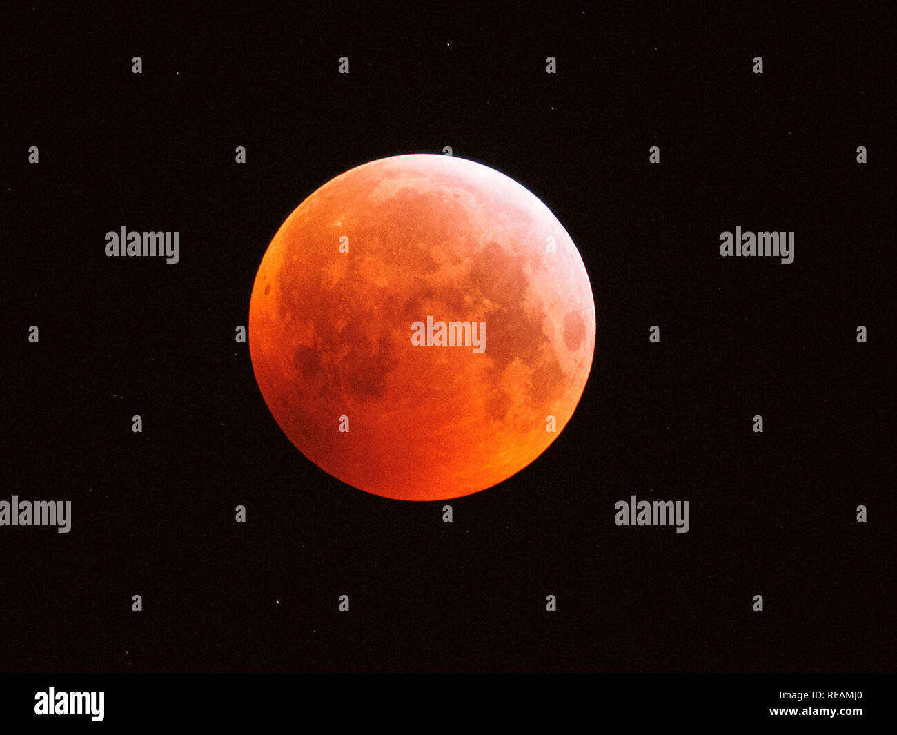 Sheerness, Kent, Großbritannien. 21. Januar, 2019. UK Wetter: Die vollständige super Blut Wolf moon Eclipse wie oben Sheerness in Kent bei rund 5 gesehen, bin heute Morgen. Credit: James Bell/Alamy leben Nachrichten Stockfoto