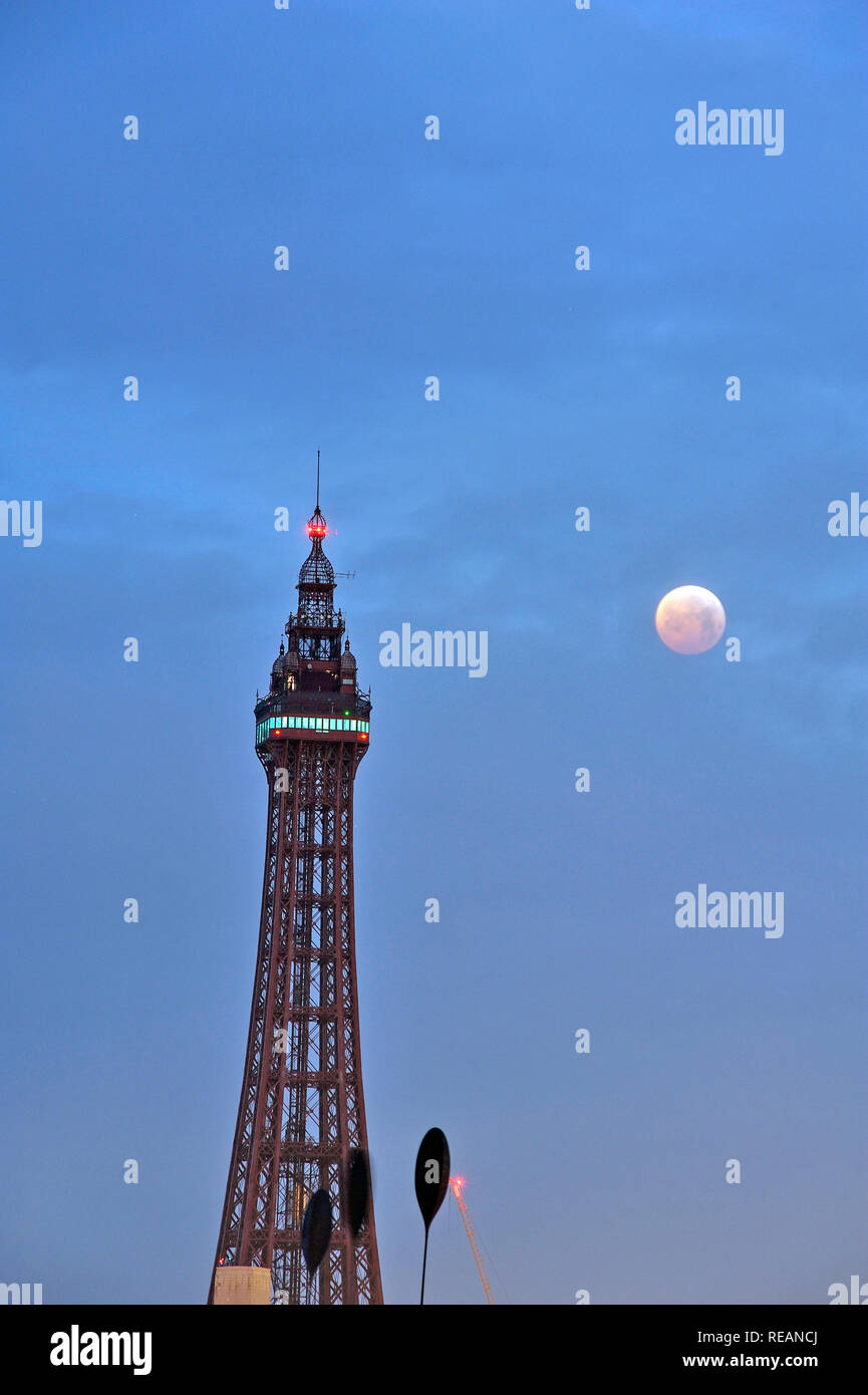 Blackpool, Großbritannien. 21. Januar 2019. Eine Mondfinsternis super Blut wolf mond über Blackpool für eine Dauer von drei Stunden und 17 Minuten. Kev Walsh/Alamy leben Nachrichten Stockfoto