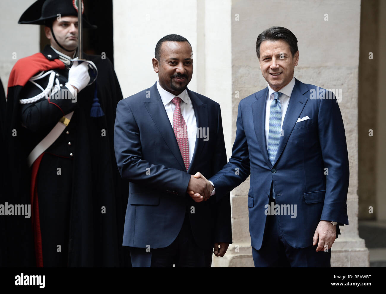Rom, Italien. 21. Januar 2019. Der Ministerpräsident Giuseppe Conte, trifft der Premierminister der Demokratischen Bundesrepublik Äthiopien, Abiy Ahmed Ali Im pic Giuseppe Conte, Abiy Ahmed Ali Credit: LaPresse/Alamy leben Nachrichten Stockfoto