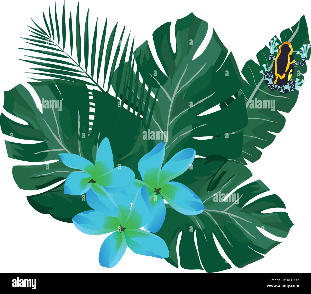 Vector Illustration von tropischen Palmen Blätter, Blüten und Poison dart frog Hintergrund. Natur abstrakt. Stock Vektor