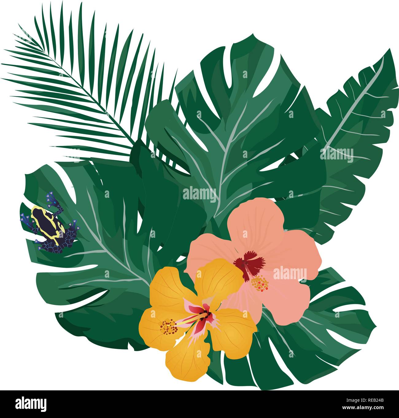 Vector Illustration von tropischen Palmen Blätter, Blüten und Poison dart frog Hintergrund. Natur abstrakt. Stock Vektor