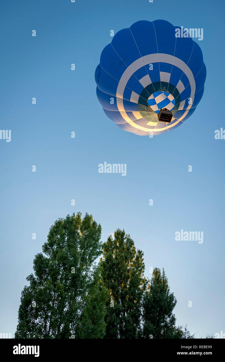 Blue Hot Air Balloon mit Gold Circle und Sterne im Flug, gesehen von unten gegen den blauen Himmel und ein einzelner Baum im Vordergrund. Stockfoto