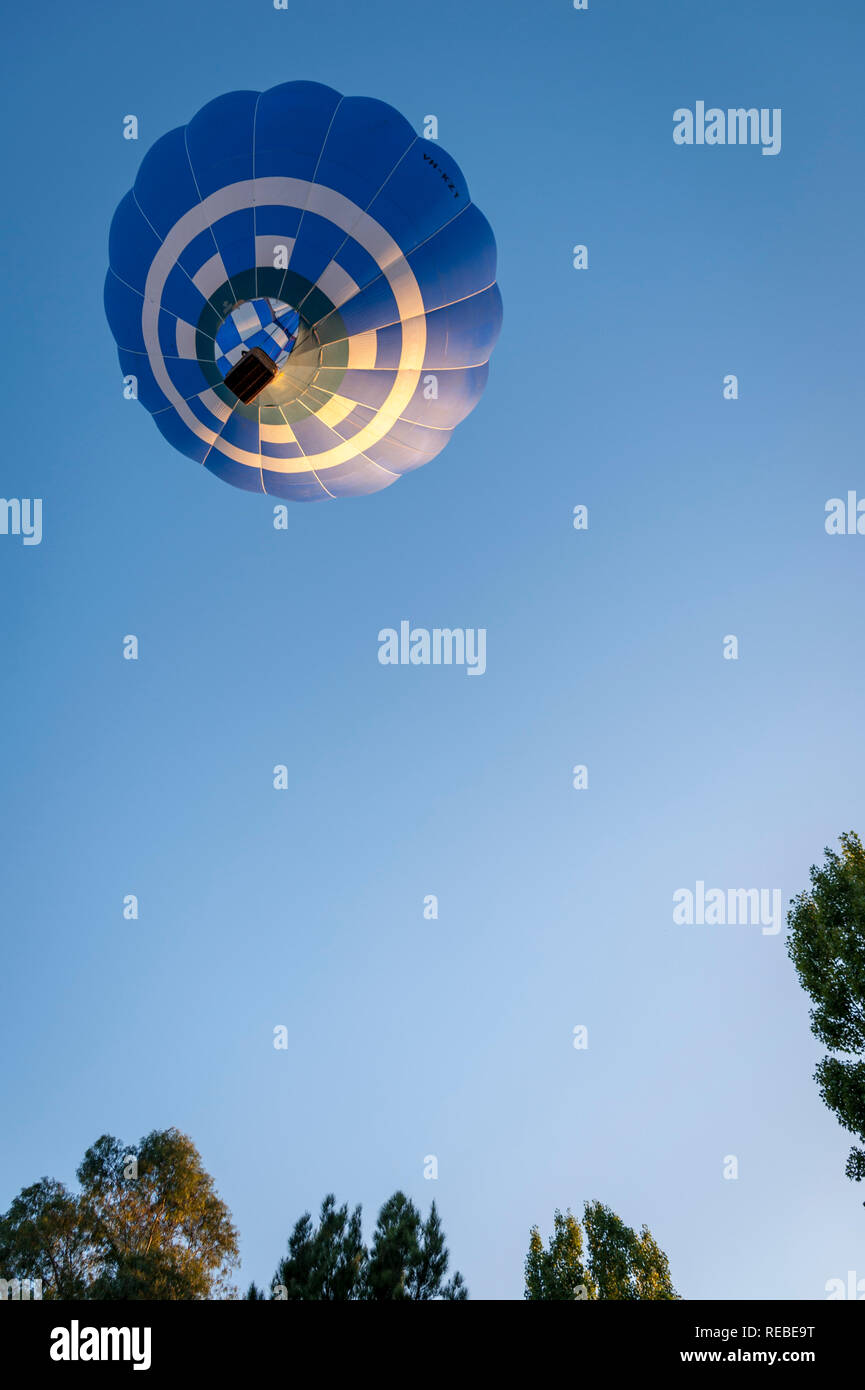 Blue Hot Air Balloon mit Gold Circle und Sterne im Flug, gesehen von unten gegen den blauen Himmel und Bäume im Vordergrund Stockfoto