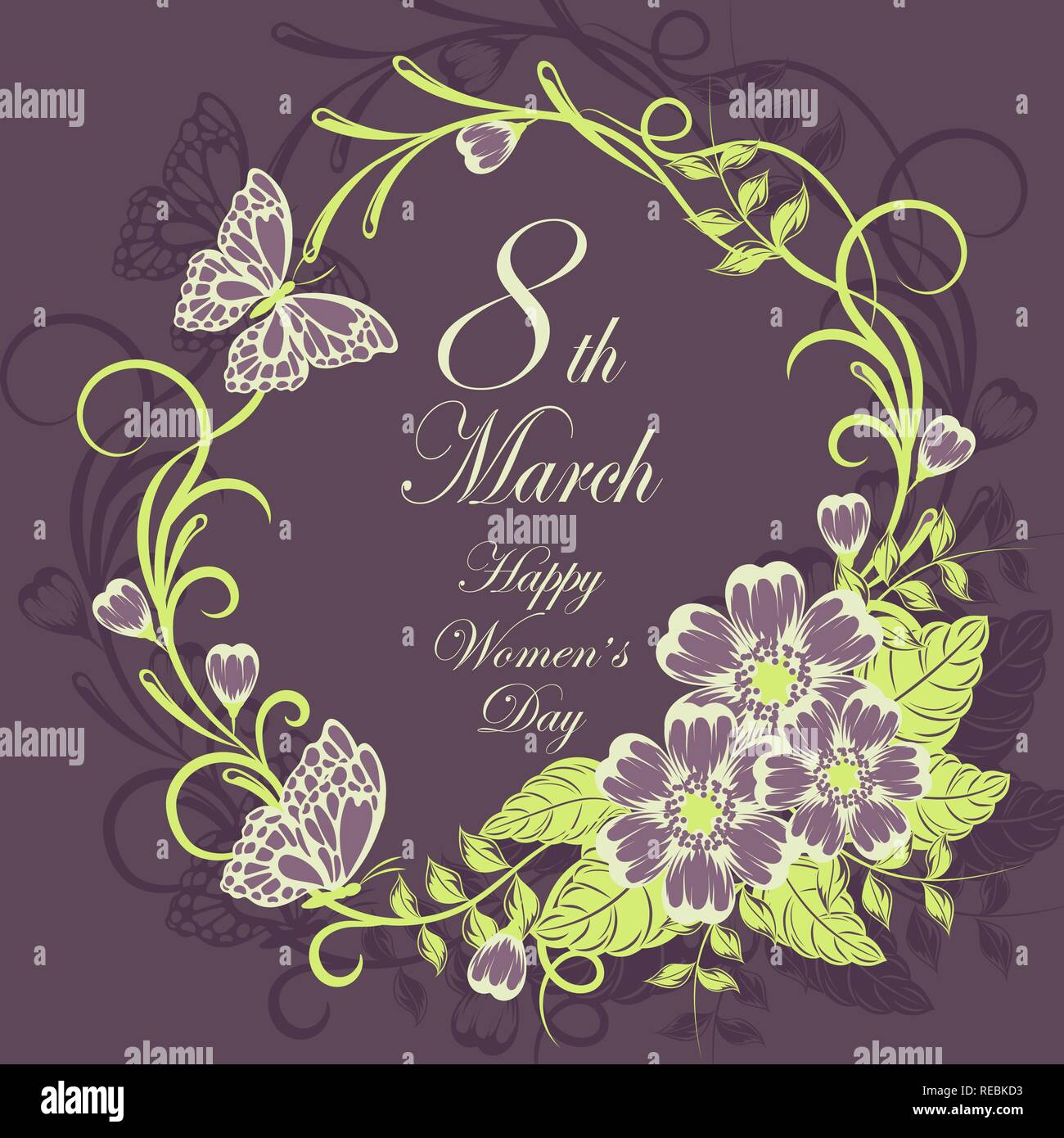 Tag der Frauen Grußkarten mit schönen Blumen auf Violett Hintergrund. Stock Vektor