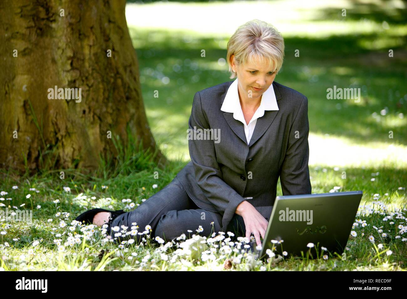 Frau trägt einen Anzug, Damen Hosenanzug, Geschäftsfrau, Anfang 40, arbeitet sie an ihrem Laptop in einem Park Stockfoto