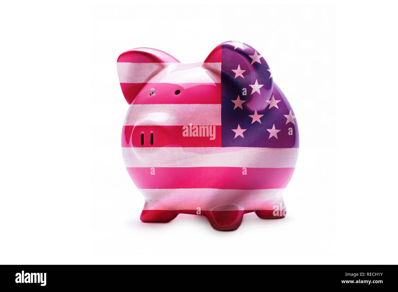 Stars and Stripes American style Sparschwein auf Weiß in einer Finanz- und Investment-Konzept mit Kopie Raum isoliert Stockfoto
