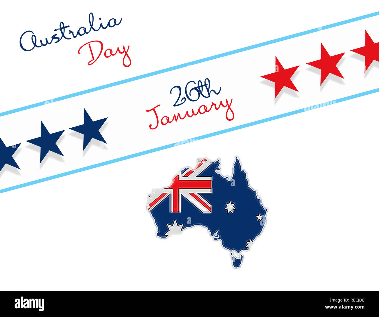 Gerne Australien Tag 26. Januar Schriftzug. Karte von Australien mit Flagge und Sterne. Abbildung auf weißen Hintergrund. Stockfoto