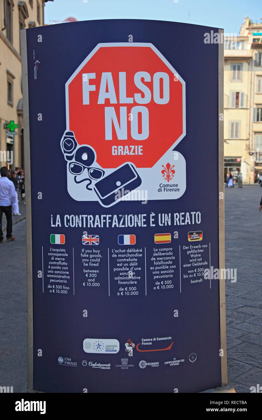Warnung gegen Verkäufer von gefälschten Produkten und Replikationen, Florenz, Toskana, Italien, Europa Stockfoto