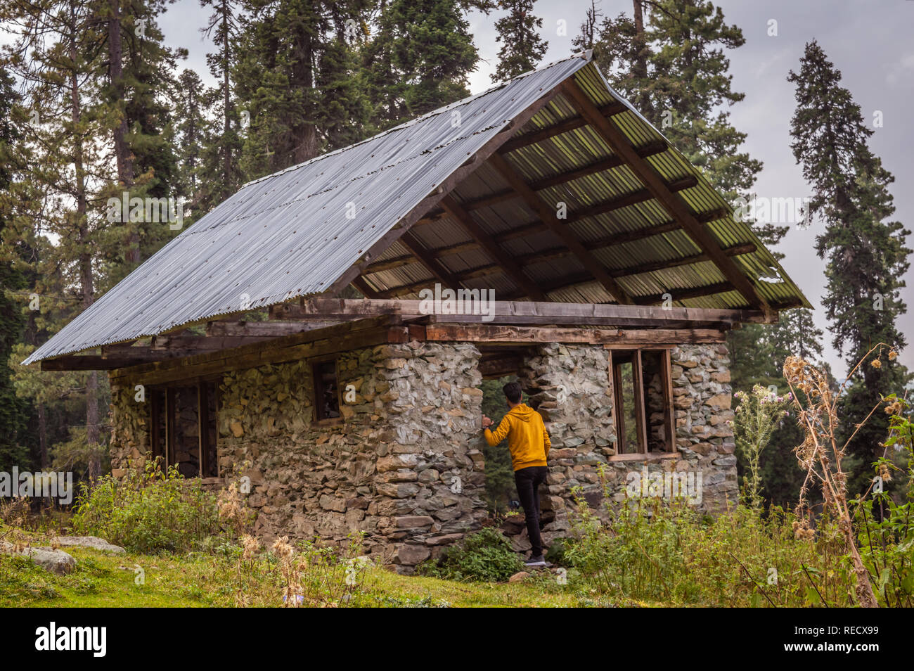 Eine Person trägt eine gelbe Jacke in eine aus Stein gemauerte Haus mit einem Satteldach in einem Wald in Kaschmir Stockfoto