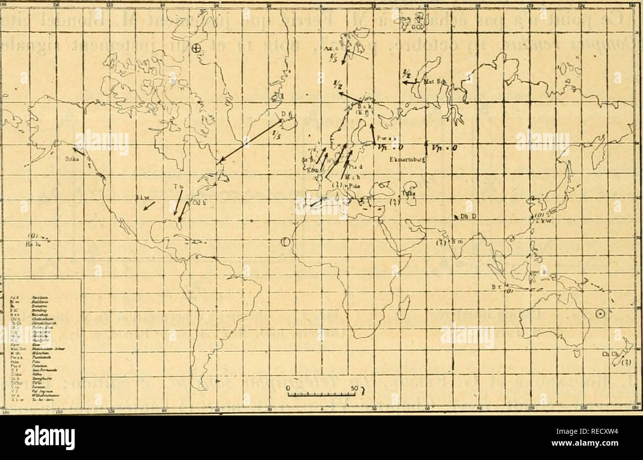 . Comptes Rendus hebdomadaires des séancen de l'Académie des sciences. Wissenschaft - Gesellschaften, etc.; Wissenschaft; Wissenschaft. 3 o Academie des Sciences. MAGNÉTISME TERRESTRE. - Les orages magnétiques Alles aus Fleece et les aurores boréales. Noie (') de M. Kr. Iîikkeland, présentée par M. H. Poincaré. Dans une Hinweis précédente (") j'ai Exposé quelques Ergebnisse auxquels je suis arrivé dans le Premier Volume de Mon Ouvrage Die norwegische Aurora Polaris Expédition, 1902-1903 ('). Nous avons Vu que le Champ horizontale magnétique de Mühe au Cours d'un Orage polaire élémentaire peut se représenter typiquem Stockfoto