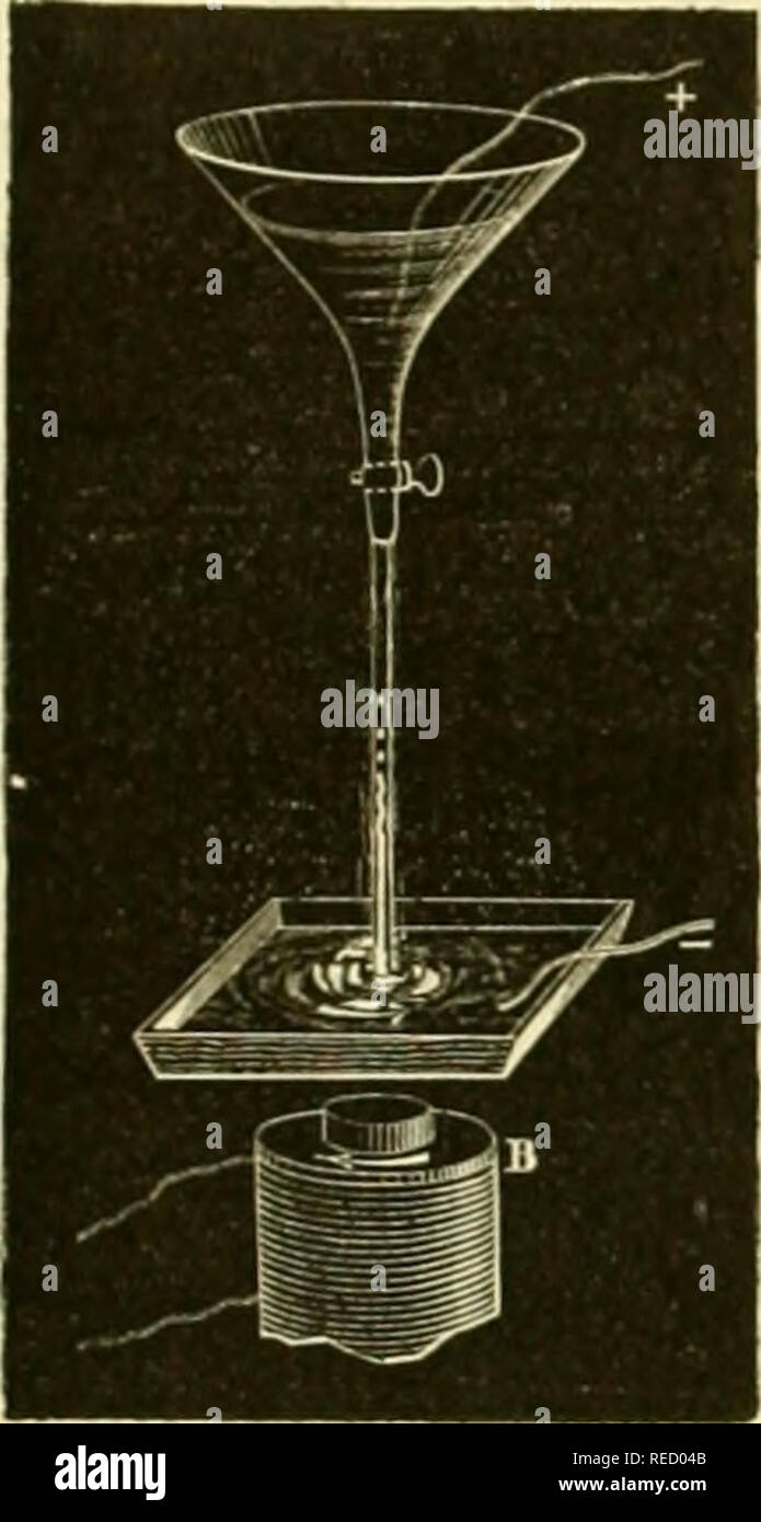 . Comptesrendusheb 82 acad.Es NATURELLES. {^ • - Â"') une source Ã © leclrique Deux Fois plus Forte que la prÃ©Cà © Dente, et fournie par une Batterie de/joo Paare secondaires, dont Le Courant de Einrichtung kostenlos Ã© qui-Vaut à Celui d'uiiL' Flor de Goo Ã©lÃ©ments de Bnnseii. Â" auf vollendete Ã © conlor une veine d'eau salÃ©e d'ini Entonnoir, nuuii d'nn ro-binet, cunununiqiiant avec Le pÃ'la "Positif de Celle Batterie; le liquide est reÃ § u dans une Küvette oÃ¹ plonge le fil nÃ©gatif, et au-dessous de laquelle se trouve un Ã©lectro-aimant [fi (j. i). Einrichtung ¨ s que le circuit voltaÃ ¯ que est fermÃ©, Fie. .. Rfr;. /,.. P Stockfoto