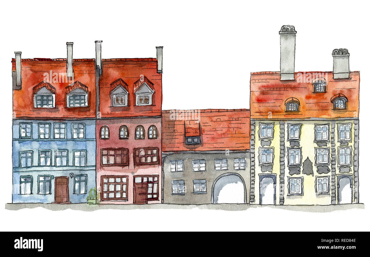 Hand gezeichnet Aquarell und Tusche Abbildung der Häuser in der alten europäischen Stadt Straße. Design für Touristen waren, Hintergründe. Stockfoto