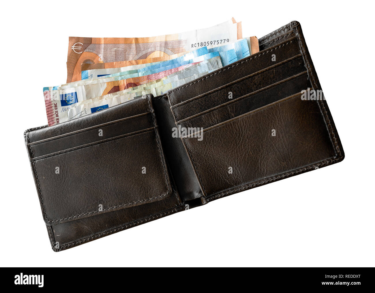 Direkt oberhalb der Schuß von Bargeld in der Brieftasche auf weißem Hintergrund Stockfoto