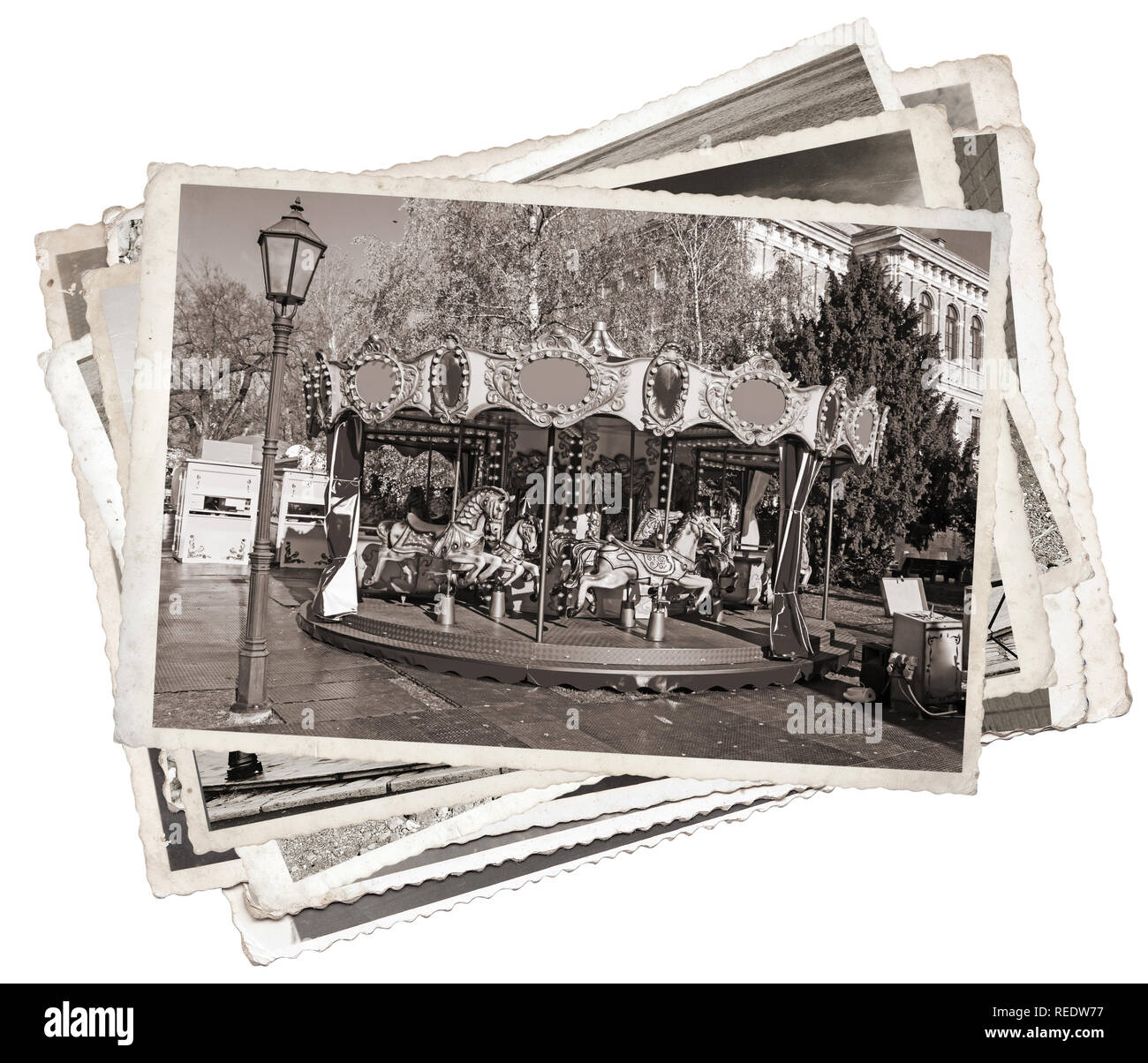 Altmodisches französisches Karussell mit Pferden Stapel alte Fotos Stockfoto