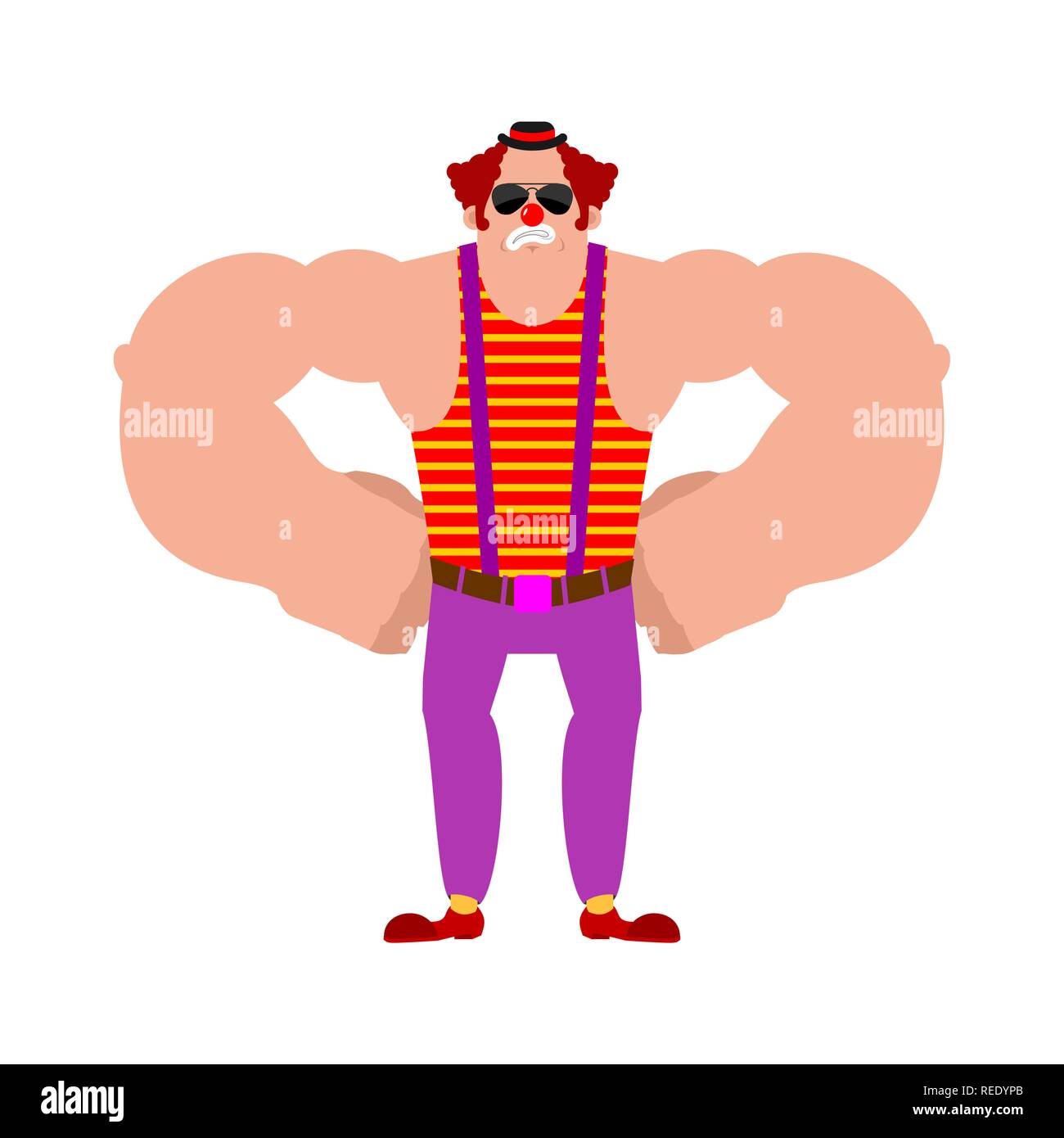 Starke Clown. Ernsthafte funnyman. Leistungsstarke Harlequin. Vector Illustration Stock Vektor