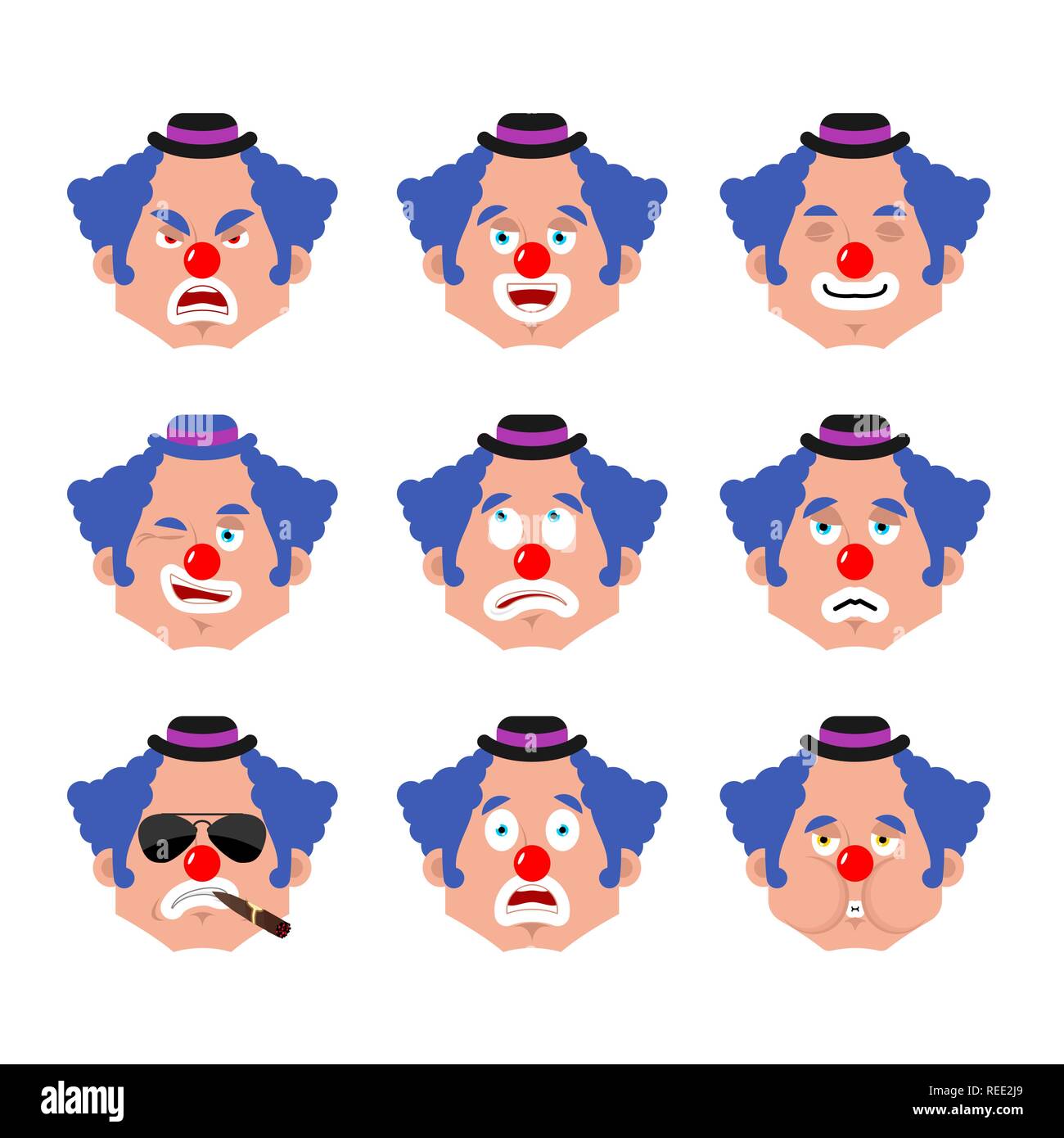Clown Gesicht. Schlaf- und Böse emotion Avatar. verwirrt und traurig funnyman Emoji. Harlekin Angst und glückliches Symbol. Ernst und Winks Stock Vektor