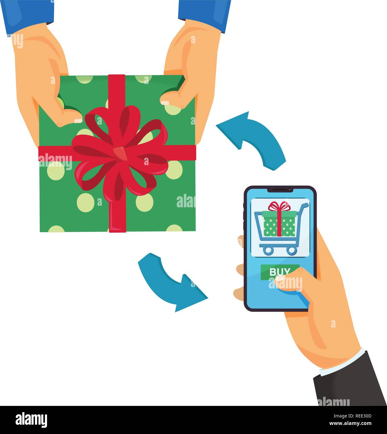 Online shopping Konzept mobile Shopping Mann, smart phone und kauft ein Geschenk Stock Vektor