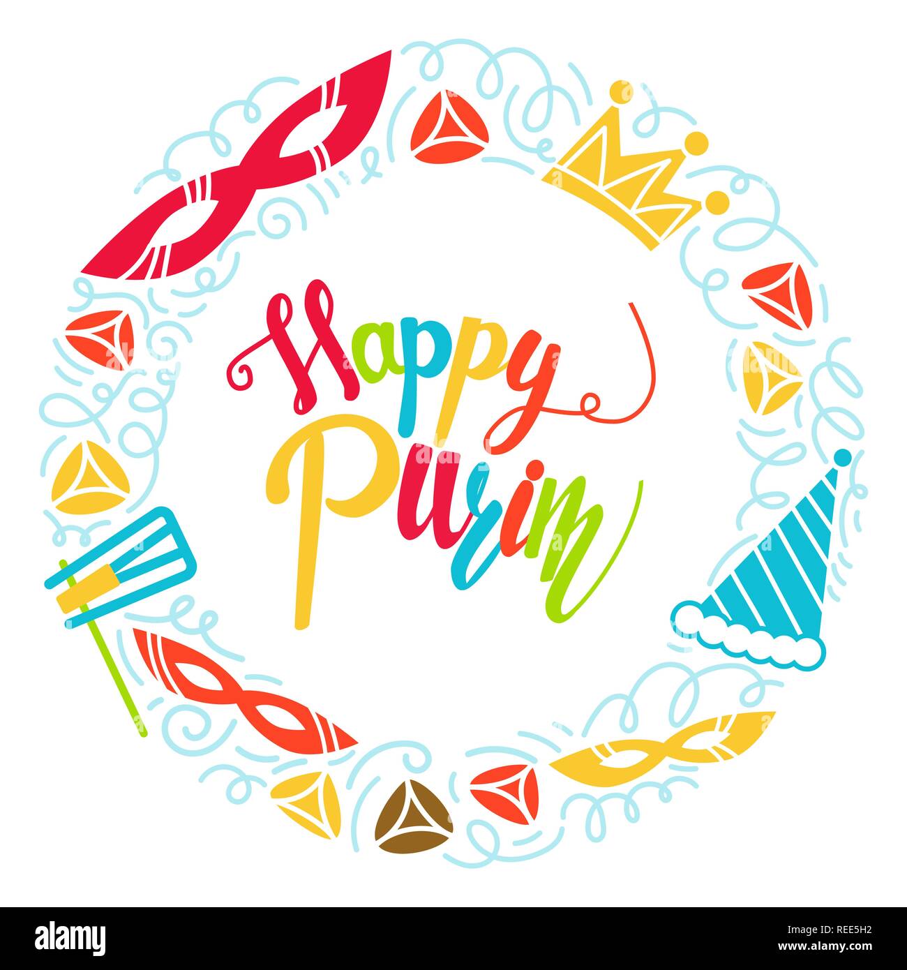 Purim Grußkarte in doodle Stil mit mit Karneval Maske, Hüte, Krone, Lärm machen und hamantaschen. Bunte vektor Illustration. Auf weissem Hintergrund Stock Vektor