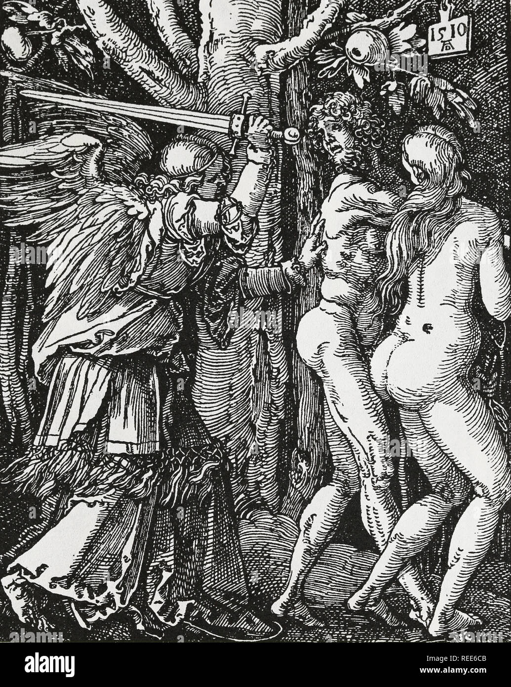 Adam und Eva aus Eden, 1510. Von Albrecht Dürer, Blatt 1 der Reihe "Die kleine Leidenschaft'. Stockfoto