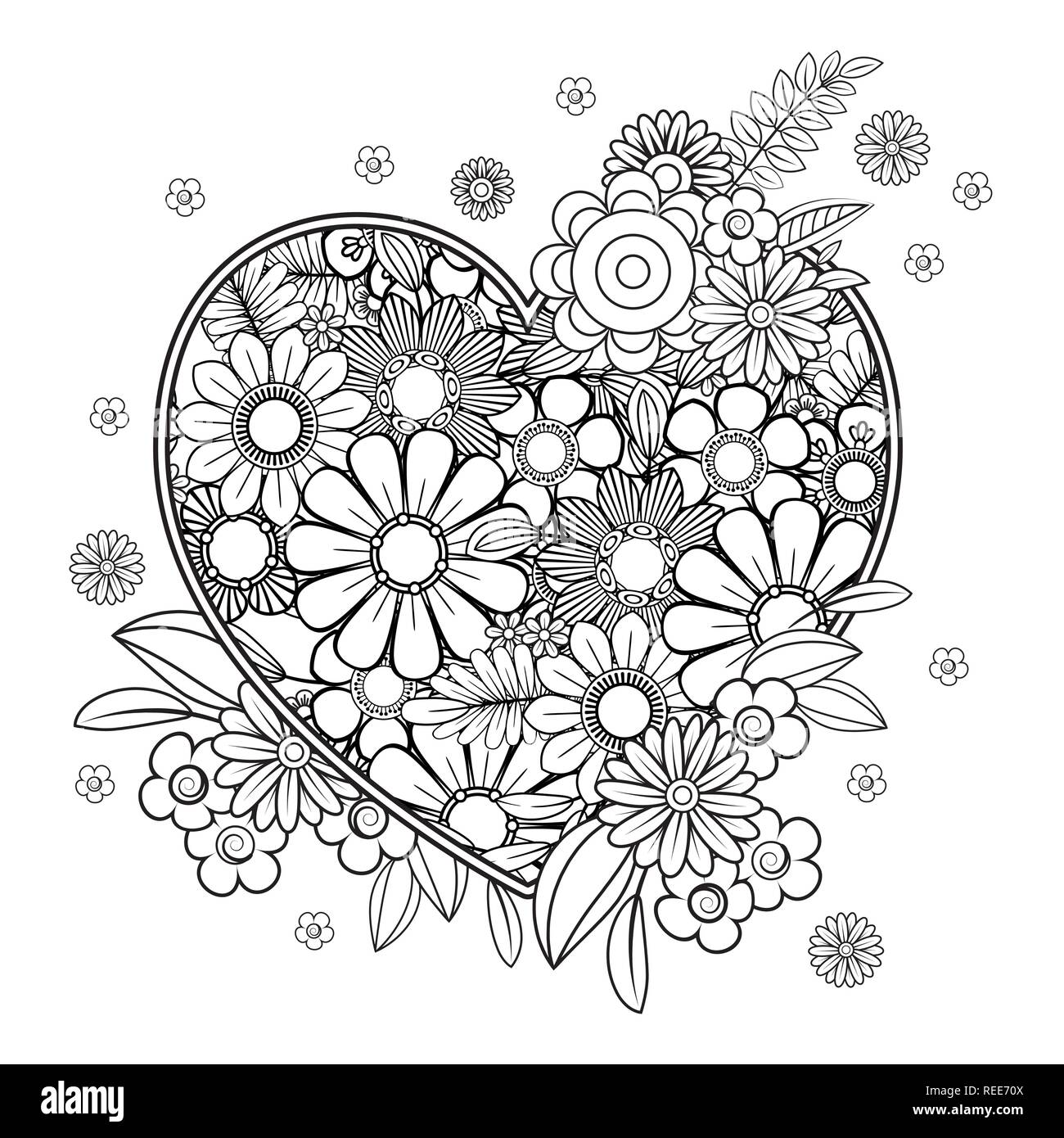 Herz mit floralen Muster. Valentines Tag nach Färbung Seite. Vector Illustration. Auf weissem Hintergrund Stock Vektor