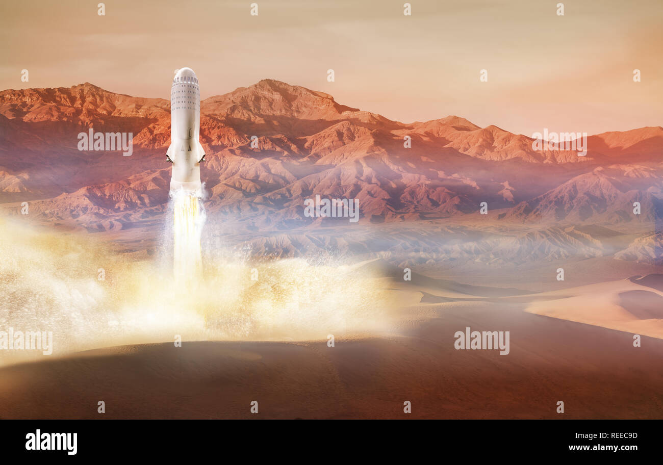Große Rakete landet oder von der Marsoberfläche nehmen Sie Stockfoto