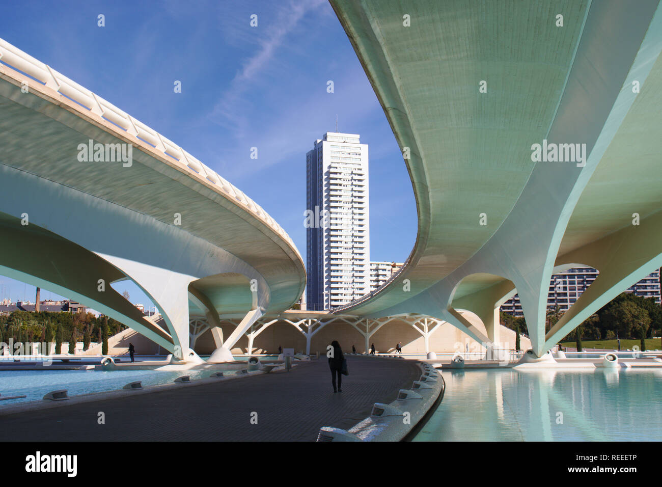 Ein fussgänger zeigt verschiedene Skalen zur Stadt der Künste und Wissenschaften in Valencia. Stockfoto