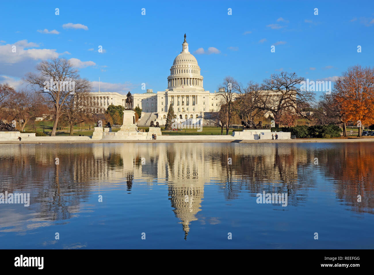 Die Westseite des United States Capitol Building und Ulysses S Grant Memorial in Washington, DC, spiegelt sich in der reflektierenden Pool mit Weihnachten tre Stockfoto