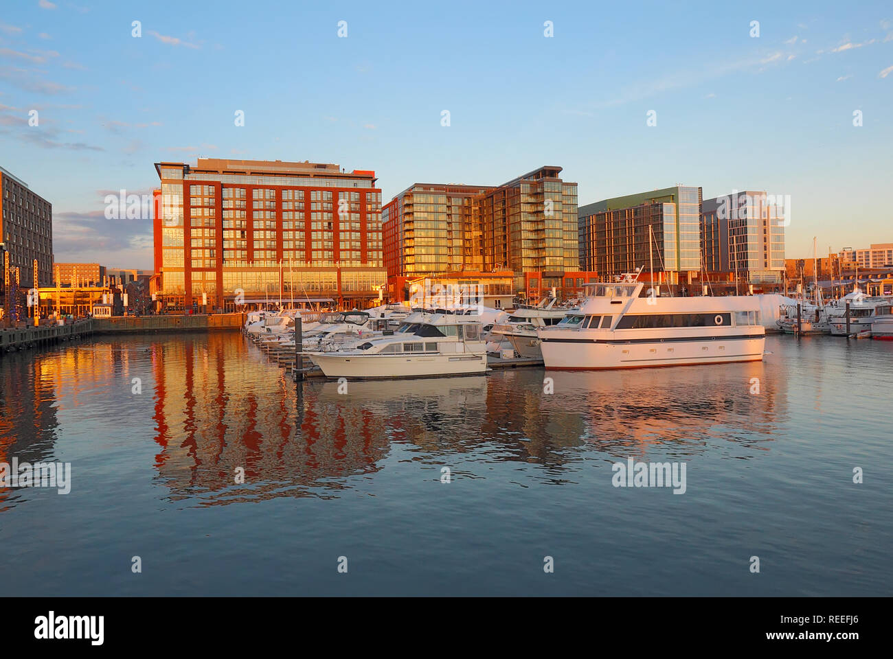 Boote und Skyline von Gebäuden im neu sanierten Südwesten Hafengebiet von Washington, DC gesehen vom Wasser im Herbst Stockfoto