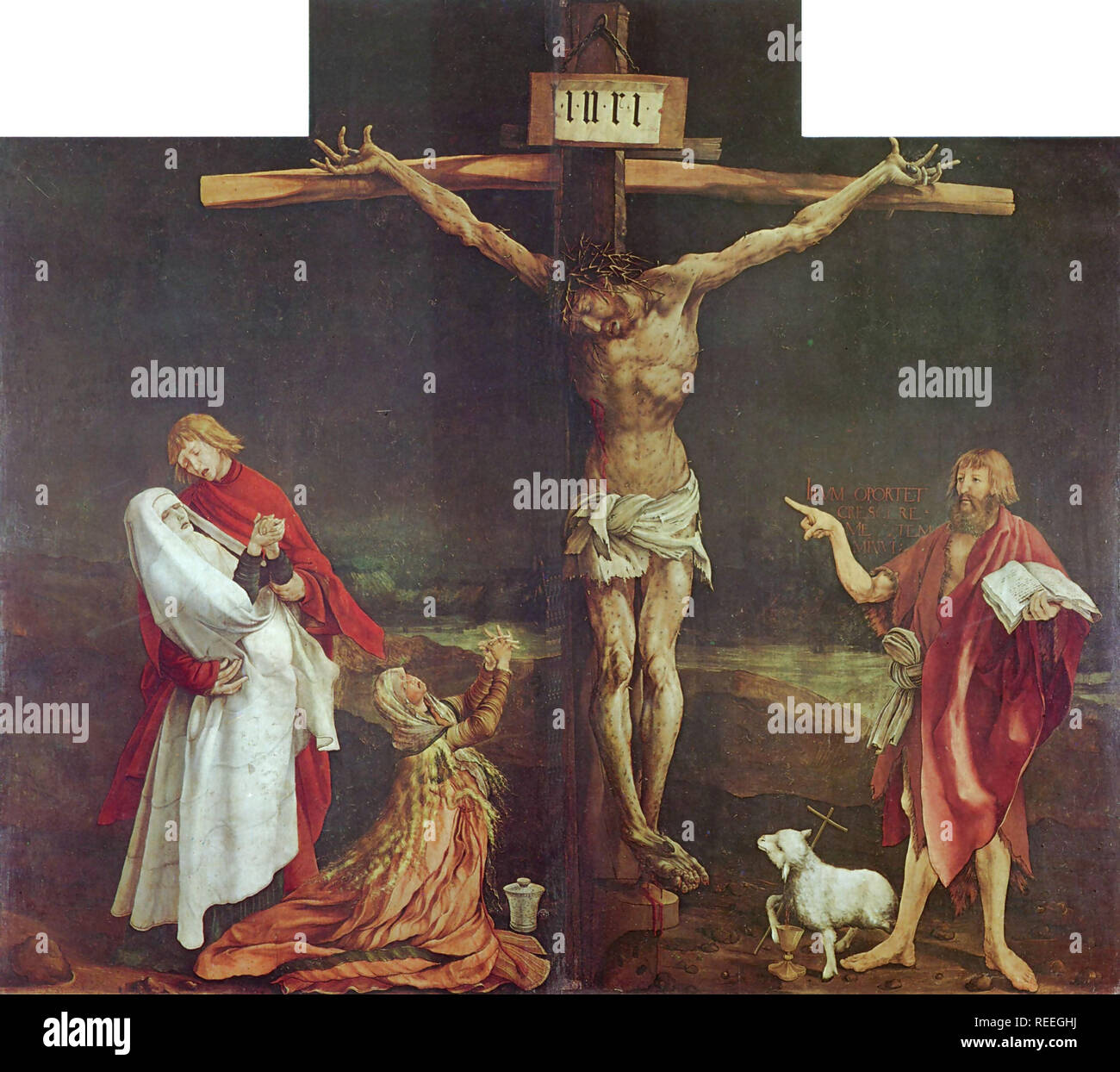Kreuzigung aus dem Isenheimer Altar von Mathias Grünewald. Der Isenheimer Altar ist ein Altarbild modelliert und durch, bzw. gemalt, die Deutschen Nikolaus von Haguenau und Matthias Grünewald, 1512 - 1516. Stockfoto