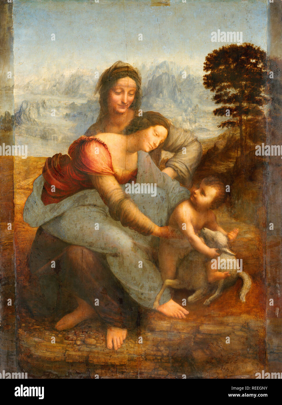 Die Jungfrau und Kind mit St. Anne, die Jungfrau und Kind mit Saint Anne von Leonardo da Vinci, St. Anne, ihrer Tochter, der Jungfrau Maria und dem Jesuskind. Stockfoto