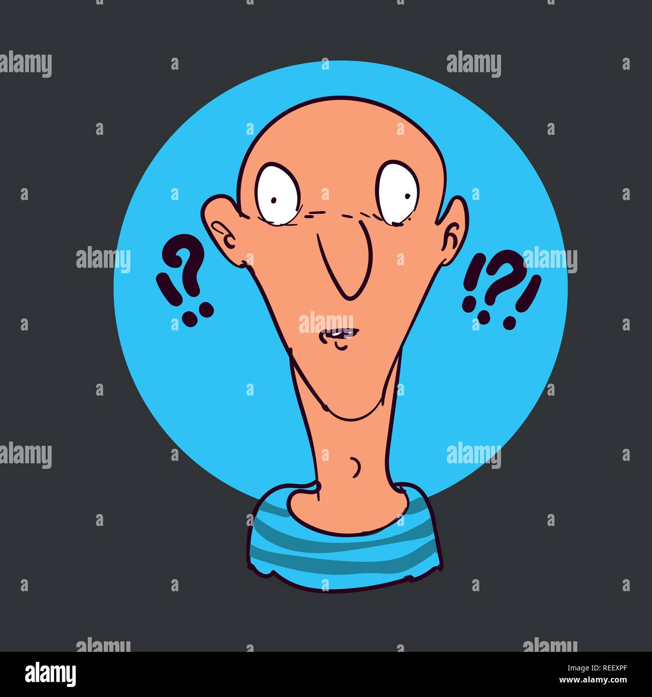 Verwirrt man Cartoon Skizze stil Vector Illustration. Ein lustiges, verwirrt Mann zu uns, mit Fragezeichen um den Kopf. Stock Vektor