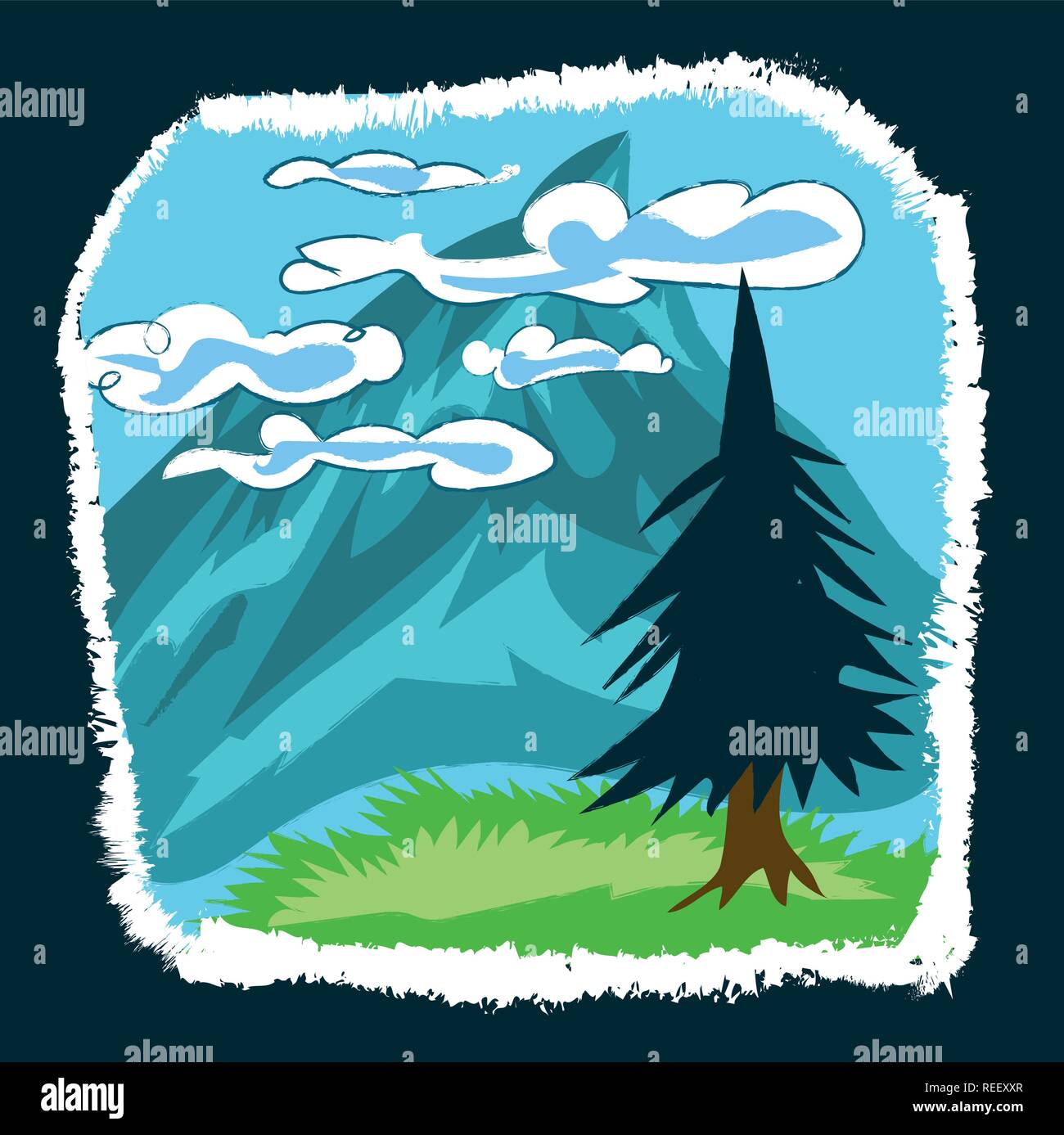 Bergblick landschaft Comic-stil Grafik Vektor illustration Stock Vektor