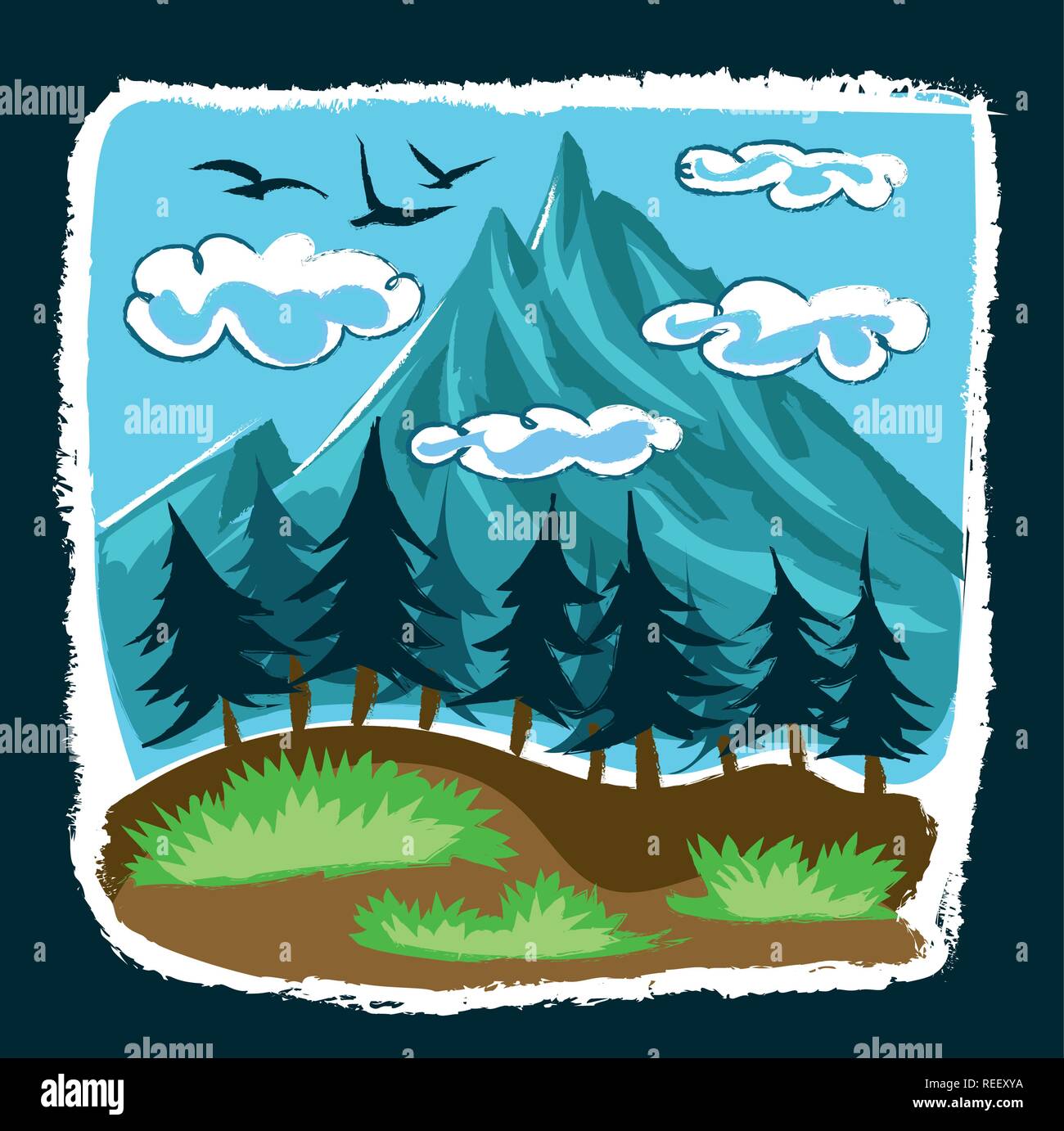 Bergblick landschaft Comic-stil Grafik Vektor illustration Stock Vektor