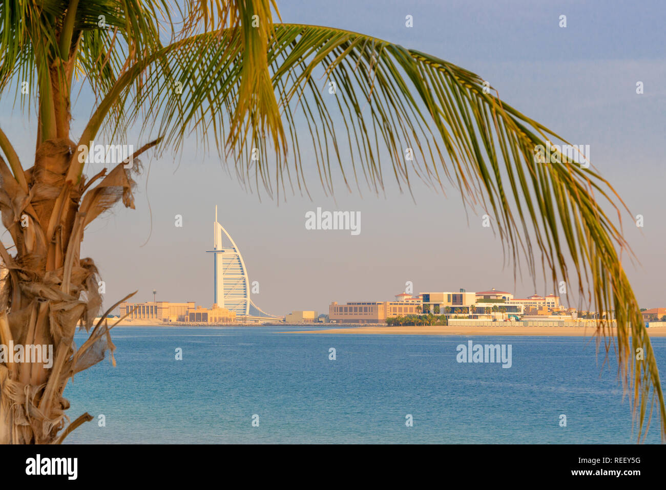Blick auf das Burj al Arab Jumeirah und Palme in Dubai, Vereinigte Arabische Emirate Stockfoto