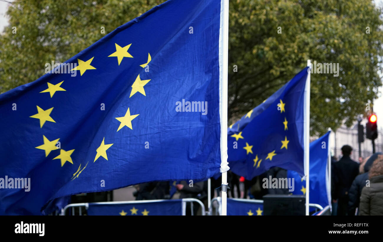 Europäische Union Flaggen fliegen in den Wind. Stockfoto