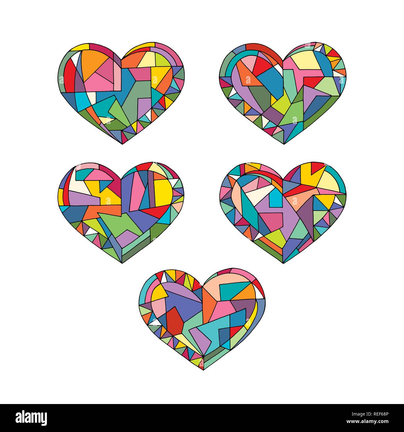 Herzen Hand gezeichnet abstrakte Vektorgrafiken. Liebe geometrischen Mosaik cartoon Sammlung im modernen Stil. Stock Vektor