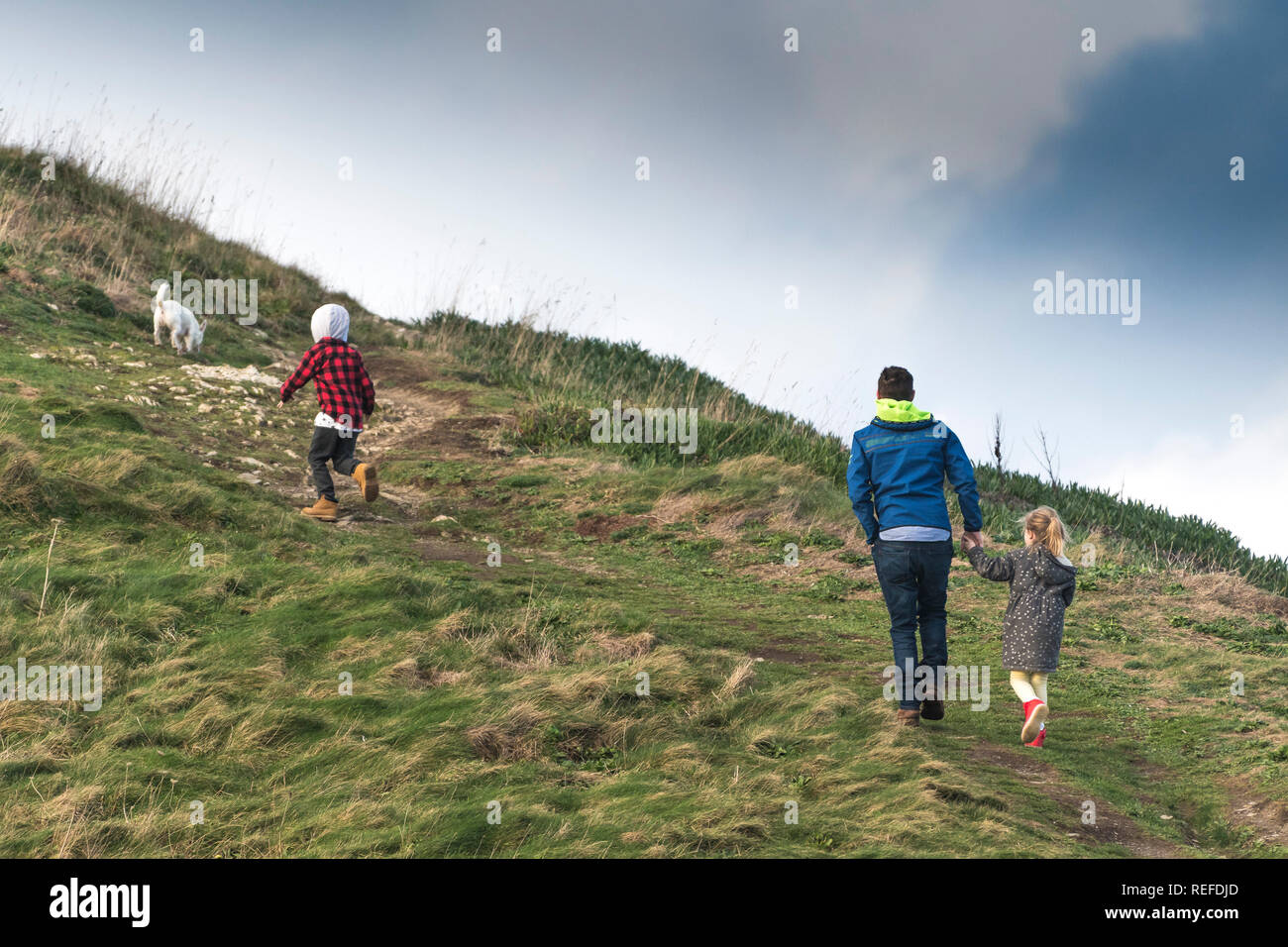 Ein Vater mit seinen beiden Kindern und ihrem Hund gehen auf einem Hügel in der Landschaft. Stockfoto