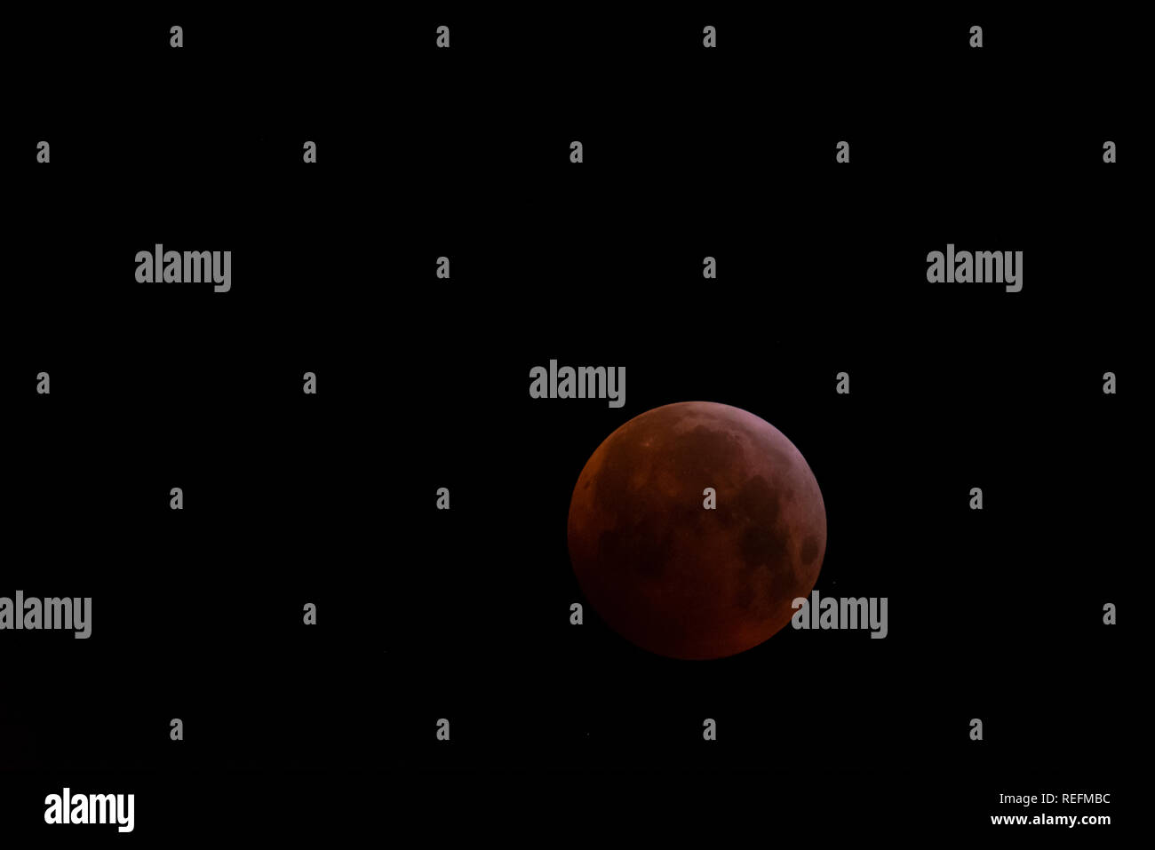 Super Blut Wolf Mond am 21. Januar 2019. Mondfinsternis. Über Essex, UK. Der Schatten der Erde verdunkelt den Mond. Platz für Kopie Stockfoto