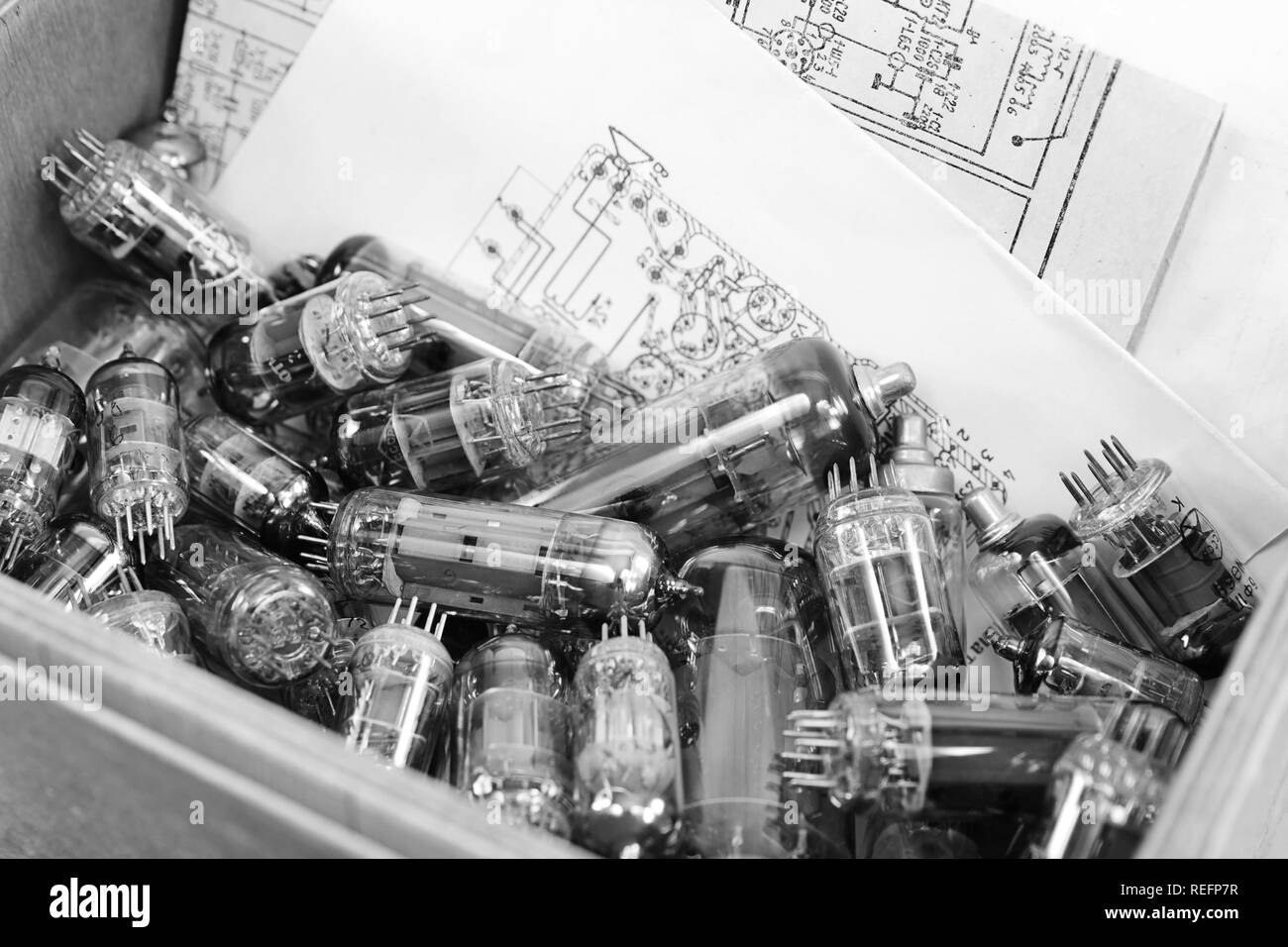 Elektronische Vakuumröhren in der alten Box, schwarz und weiß Stockfoto