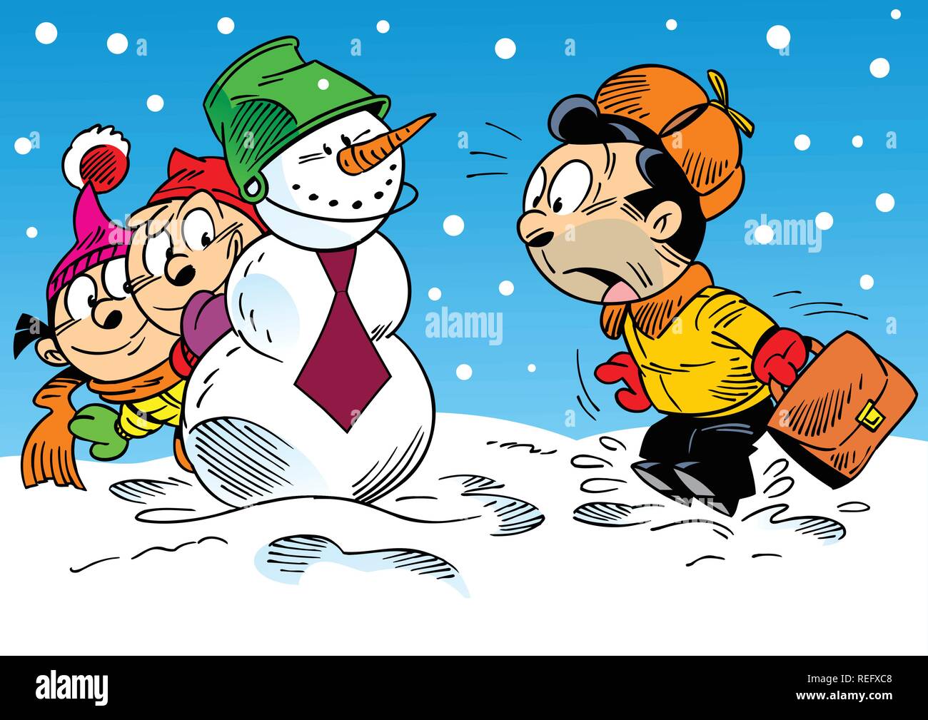 Die Abbildung zeigt, wie die Kinder mit ihren Eltern Spaß haben und im Winter Urlaub entspannen. Abbildung im Cartoon Stil Stock Vektor