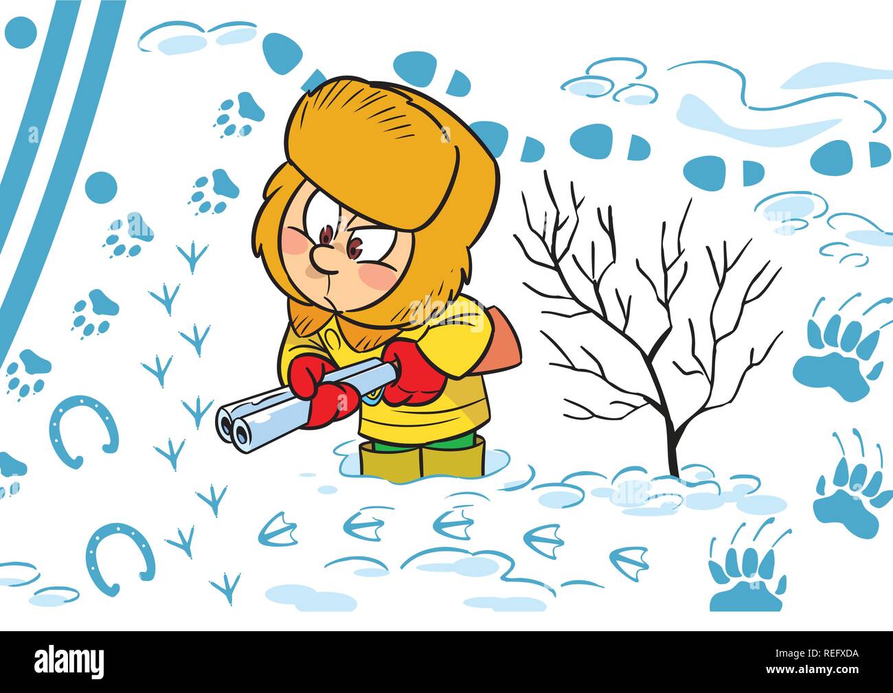 Die Abbildung zeigt das Spielen im Freien ist ein Kind im Winter. Er spielt mit einem Spielzeug ranger Schrotflinte und Studieren. Stock Vektor