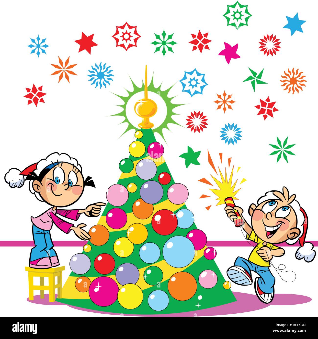 In der Abbildung, die Kinder schmücken den Weihnachtsbaum. Junge und  Mädchen lustig und amüsant. Der Junge in den Händen der party poppers.  Abbildung: Don Stock-Vektorgrafik - Alamy