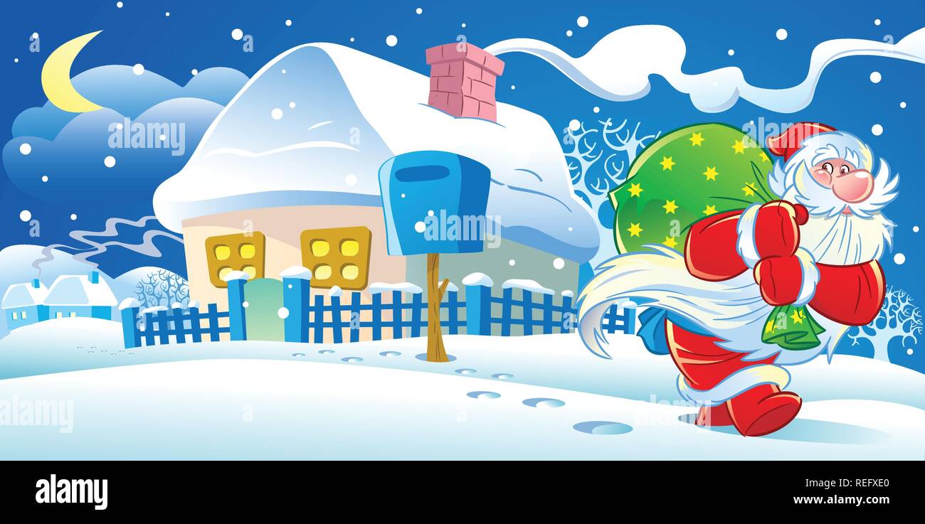 Die Abbildung zeigt Santa Claus, der aus dem Haus geht über Weihnachten zu Haus. Er verlässt Home Geschenke. Abbildung im Cartoon Stil. Stock Vektor