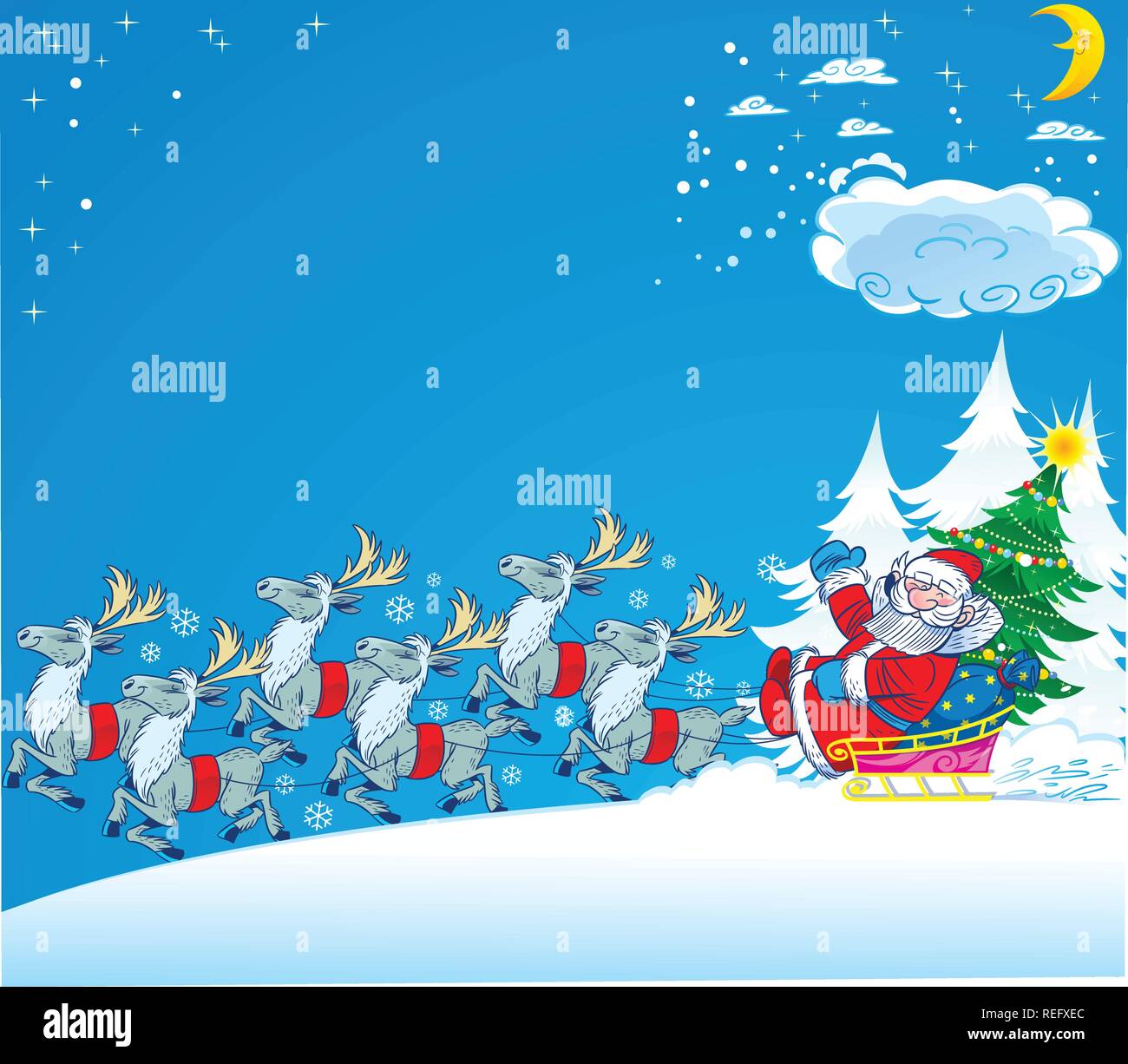 Santa Claus fährt in einem Schlitten durch den Schnee. Neben ihm ein grüner Weihnachtsbaum und Geschenke. Schlittenrennen mehrere Rentiere. Abbildung: in separaten legen Stock Vektor