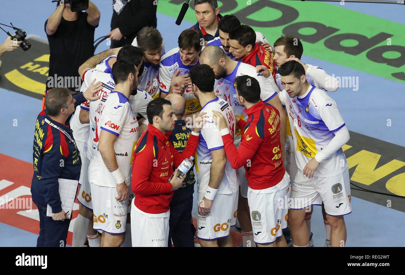 Firo: 21.01.2019, Handball: Wm Wm-Hauptrunde Brasilien - Spanien Timeout Spanien | Verwendung weltweit Stockfoto