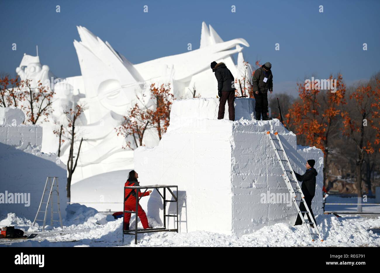 Harbin, Heilongjiang Provinz Chinas. 22 Jan, 2019. Die Teilnehmer arbeiten an der Sun Island erste internationale Kunst elite Schneeskulpturen Wettbewerb im Sun Island International Schnee Skulptur Kunst Expo Park in Harbin, der Hauptstadt der Provinz Heilongjiang im Nordosten Chinas, Jan. 22, 2019. Der Schnee Skulptur Wettbewerb am Montag begann, zieht sieben chinesischen Mannschaften und zwei russischen Teams. Credit: Wang Jianwei/Xinhua/Alamy leben Nachrichten Stockfoto