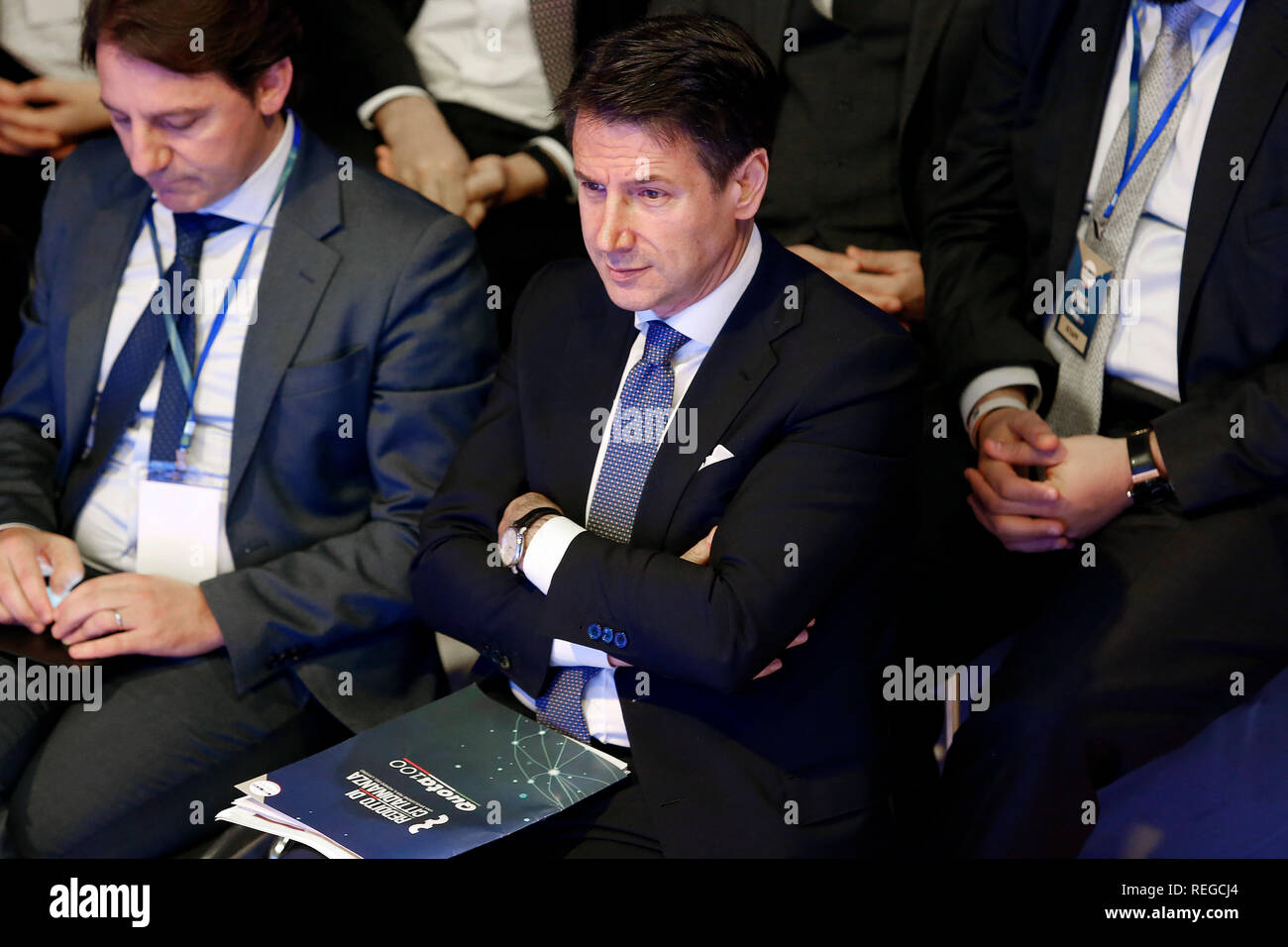 Rom, Italien. 22. Januar, 2019. Giuseppe Conte Rom Januar 22 2019. Übereinkommen der Bewegung 5 Sterne Partei zu erklären, das Grundeinkommen Gesetz gerade genehmigt. Foto Samantha Zucchi Insidefoto Credit: insidefoto Srl/Alamy leben Nachrichten Stockfoto