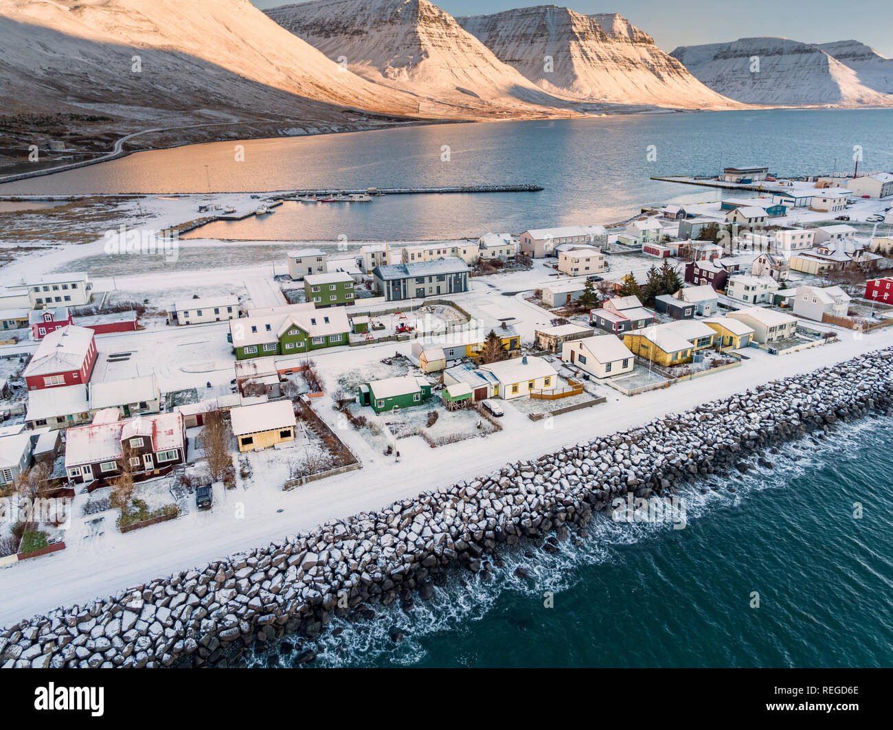 Winter, Flateyri, Westfjorde, Island Stockfoto