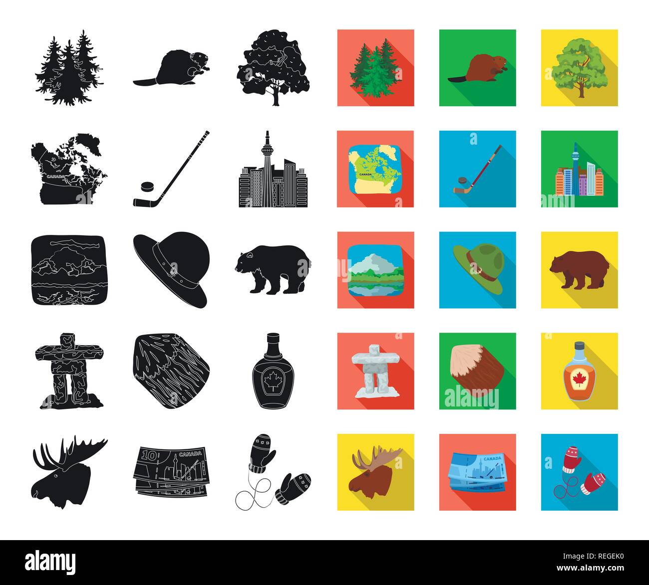 Land Kanada schwarz, flache Symbole im Set Sammlung für Design. Kanada und der charakteristische Vektor Symbol lieferbar Abbildung. Stock Vektor